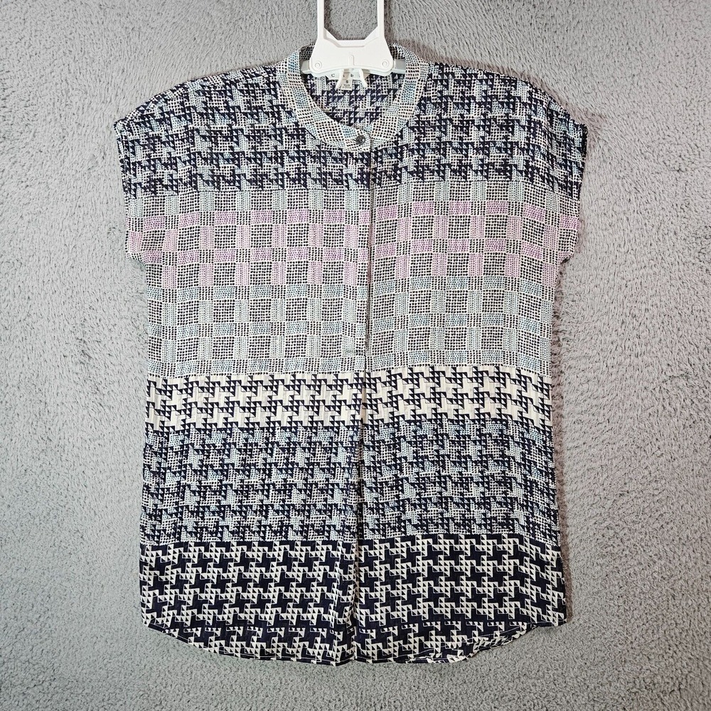 Cabi Tunic Top Blouse Women Small Geometric Print Cap Sleeve Poly Multi Color
